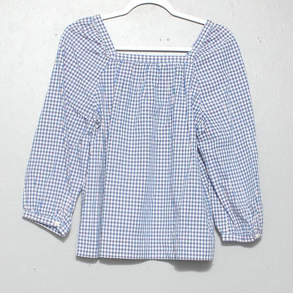 J crew white blue micro plaid puff sleeve cotton blouse